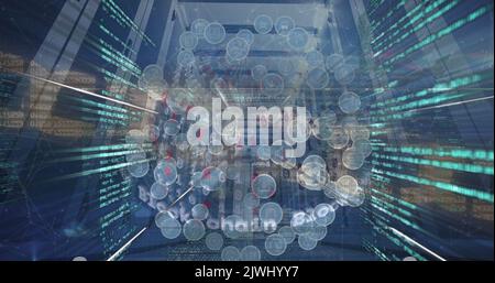 Image de la chaîne de sécurité, du globe d'icônes numériques et du traitement des données dans la salle des serveurs informatiques Banque D'Images