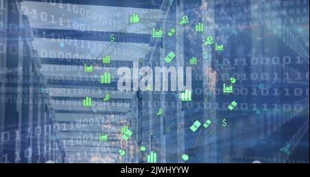 Illustration du monde des icônes financières, du réseau de connexions et du traitement des données dans la salle des serveurs Banque D'Images