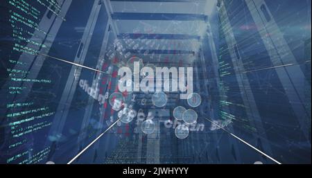 Image de la chaîne de sécurité, du globe d'icônes numériques et du traitement des données dans la salle des serveurs informatiques Banque D'Images