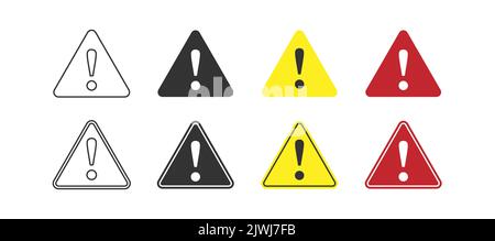 Avertissement. Un triangle avec un point d'exclamation. Un signe d'attirer l'attention. Un ensemble de panneaux d'avertissement avec un contour vide et une silhouette remplie. FL Illustration de Vecteur