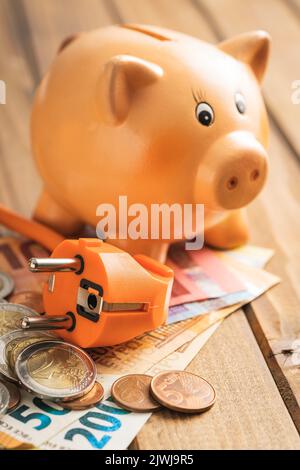 Fiche électrique, euro Money et piggy Bank sur table en bois. Concept d'augmentation des prix de l'électricité. Banque D'Images