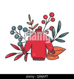 Réalisation à la main avec chandail tricoté, feuillage et baies. Composition automnale avec éléments décoratifs mignons et douillets.vecteur d'automne isolé Illustration de Vecteur