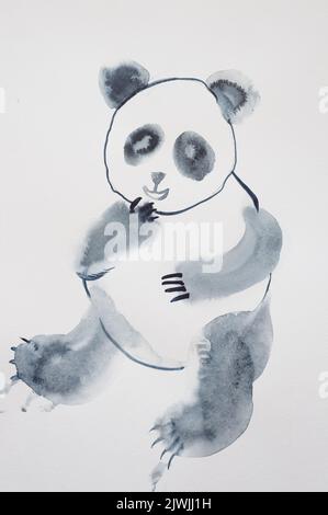 dessin d'aquarelle pour enfants sur papier texturé - assis gai gris panda. ours animal mammifère. peinture chinoise gratuite du style à main levée. ki Banque D'Images