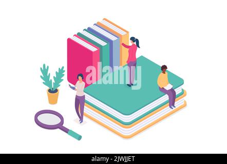 Concept isométrique de bibliothèque en ligne, éducation des personnes avec livre Illustration de Vecteur