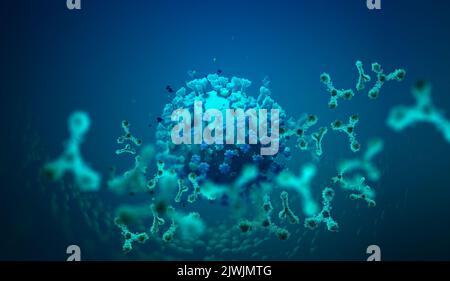 Anticorps dans le sang. L'immunité combat les infections virales. 3D illustration sur le thème d'une pandémie, d'une épidémie, de virus et de leurs mutations Banque D'Images