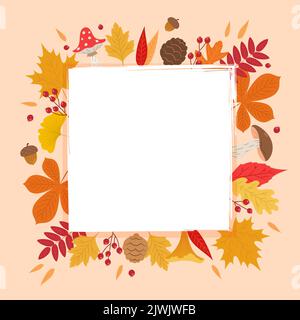 Cadre de feuilles d'automne, forme carrée avec différentes sortes de feuilles autour, espace de copie. Illustration vectorielle mignonne de style dessin animé plat, modèle de bannière Illustration de Vecteur