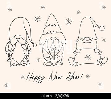 Collection linéaire Gnomes mignon du nouvel an. Gnome d'hiver avec arbre de noël, cadeau et panneau en bois. Illustration vectorielle. Dessin à la main avec style doodle Illustration de Vecteur