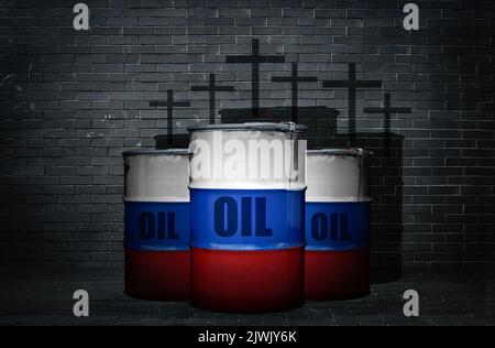Industrie russe du gaz. Barils de pétrole russe sur fond de mur noir et à l'ombre de la guerre en Ukraine. Concept de sanctions et d'embargo énergétique. Photo de haute qualité Banque D'Images