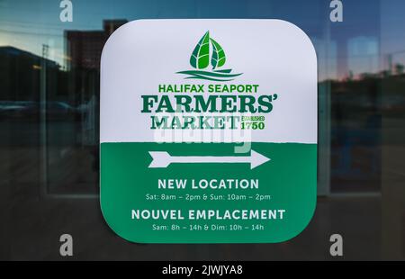 Halifax Seaport Farmers Market, the historic 200-Year-Old is moved to New Location, sign board, directions. HALIFAX, NOVA SCOTIA, CANADA - AUG 2022 Stock Photo