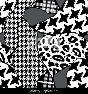 Noir et blanc moderne collage patchwork peau d'animal mélangé avec motif géométrique, tartan et ornement de bordure dans la conception vectorielle sans couture pour la mode Illustration de Vecteur
