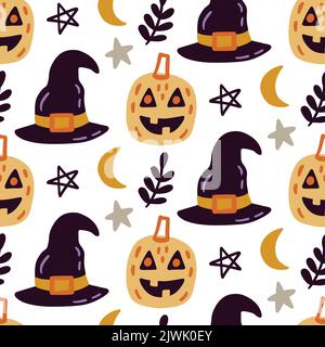 Citrouilles effrayantes Halloween, chapeaux sorcières, texture vectorielle sans coutures Illustration de Vecteur