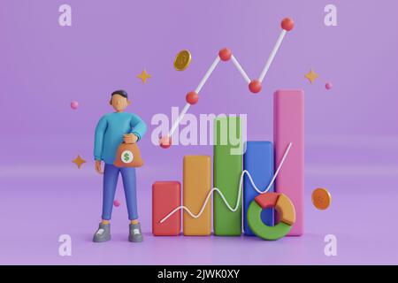 3D investissement financier. Dépôt bancaire, financement des bénéfices Gérez de l'argent par le biais de votre téléphone mobile, applications.Creative concept de mouvement de marché. Banque D'Images