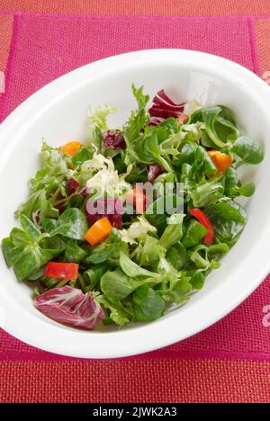 Salade de feuilles croustillante dans un bol blanc par le dessus Banque D'Images