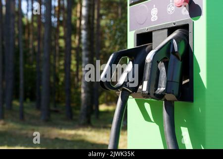 Station de charge pour voitures électriques. Types et connecteurs de ports pour la charge de véhicules. Photo de haute qualité Banque D'Images