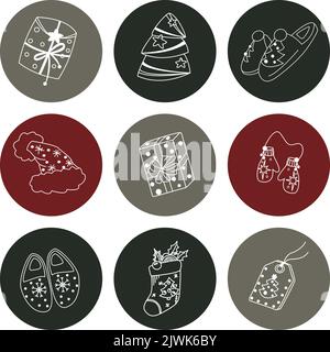 Ensemble de motifs de noël et d'hiver dessinés à la main dans un vecteur. Collection festive isolée sur fond blanc. Design pour icônes, boutons, vacances Illustration de Vecteur