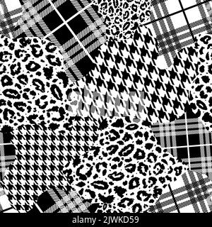 Kintsugi style d'art japonais Noir et blanc patchwork moderne collage peau d'animal mélangé avec motif géométrique, ornement tartan dans un vecteur sans couture Illustration de Vecteur