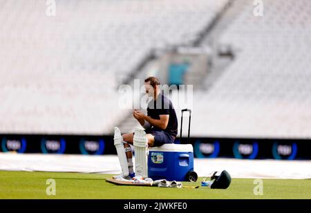 Sarel Erwee, en Afrique du Sud, lors de la session de filets au Kia Oval, Londres. Date de la photo: Mardi 6 septembre 2022. Banque D'Images