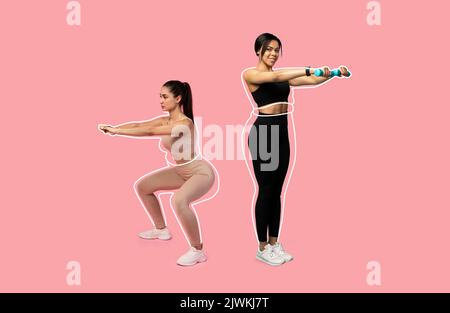 Souriante de jeunes femmes arabes et afro-américaines en sport faisant des exercices, femme gras en surpoids tirée autour Banque D'Images