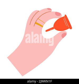 Coupe menstruelle dans la main, femme tenant dans la main une coupe menstruelle en caoutchouc de silicone pour les périodes, zéro déchet produit pour les périodes de femmes, vecteur dessiné à la main Illustration de Vecteur