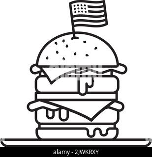 Double Cheeseburger avec illustration vectorielle d'icône de ligne drapeau US. Symbole de la restauration rapide américaine. Illustration de Vecteur