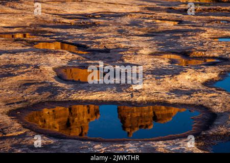 L'orgue, un monolithe de grès dans les tours du palais de justice, se reflète dans un pothole d'eau de pluie dans le parc national d'Arches, Moab, Utah. Banque D'Images