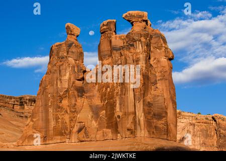 La lune au-dessus des trois gossips, des hoodoos dans la section des tours de palais de justice du parc national d'Arches, Moab, Utah. Banque D'Images