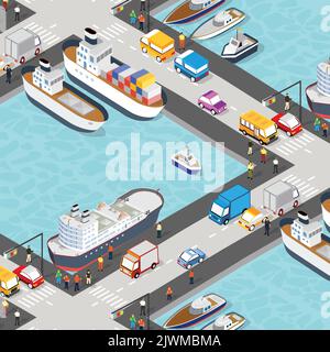 Illustration du port industriel de la ville isométrique avec bateau de transport 3D. Illustration de Vecteur