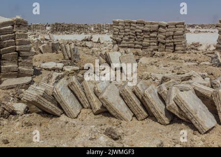 Souks de sel extraits dans la dépression de Danakil, en Éthiopie. Banque D'Images