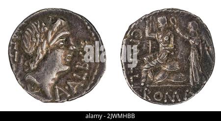 denarius. Publicius Malleolus, C. (fl. 96 c.a. ?; 80 a.C.), agent monétaire, Postumius Albinus, A. (fl. 96 c.a. ?), responsable monétaire, Caecilius Metellus, L. (fl. 96 c.a. ?), responsable monétaire, Republika Rzymska, émetteur Banque D'Images