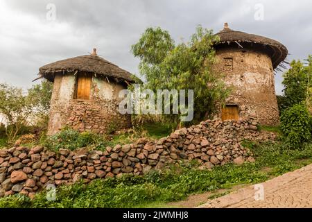 Maisons rondes traditionnelles à Lalibela, en Éthiopie Banque D'Images