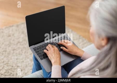 pancaise caucasienne âgée gris-cheveux femme dactylographiant sur ordinateur portable avec écran vide dans le salon Banque D'Images