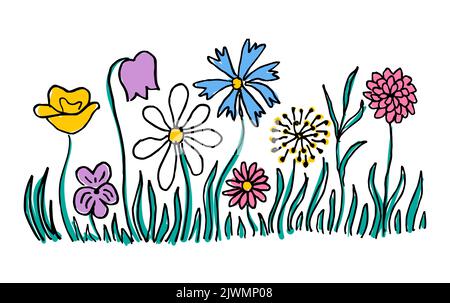Dessin enfantin de fleurs en ligne. Cildren's Draw ensemble fleurs qui sont en fleurs, vecteur enfants main dessin fleur, ilustrator image fleur tshirt Illustration de Vecteur
