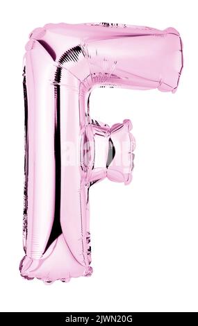 Lettre F dans le ballon mylar rose isolé sur blanc Banque D'Images