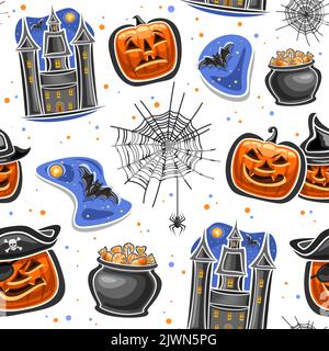 Motif vectoriel Halloween sans couture, arrière-plan répété avec illustrations découpées de la Jack-o-lanterne orange halloween en chapeaux, chauve-souris volante sur la ba étoilée Illustration de Vecteur