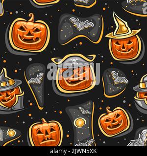 Motif vectoriel Halloween sans couture, arrière-plan répétitif avec illustrations découpées de Jack-o-lanternes orange halloween en chapeaux, chauve-souris volante sur le b étoilé Illustration de Vecteur