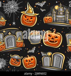 Motif vectoriel Halloween sans couture, arrière-plan répété avec ensemble d'illustrations découpées de variété jack-o-lanternes halloween en chapeaux, chauves-souris volantes an Illustration de Vecteur