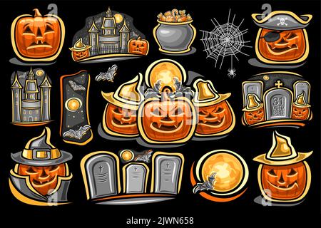 Ensemble d'Halloween Vector, lot de plusieurs compositions découpées pour des fêtes d'halloween joyeuses, Jack-o-lanternes sculptés dans des chapeaux avec des caractéristiques de variété Illustration de Vecteur