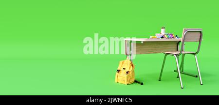 Bureau d'école moderne avec accessoires d'école et sac à dos jaune sur fond vert néon, apprentissage et faire le devoir concept, 3D Rendering, 3D Ilustr Banque D'Images