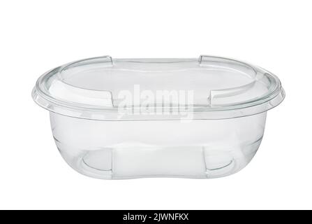 Vue avant du conteneur d'aliments transparent jetable avec couvercle isolé sur blanc Banque D'Images