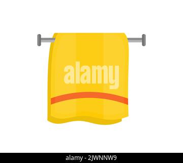 Serviette de bain, motif plat avec logo. Serviette de bain jaune moelleuse accrochée au mur. Bain de serviette pour l'hygiène, salle de bain conception de vecteur textile. Illustration de Vecteur