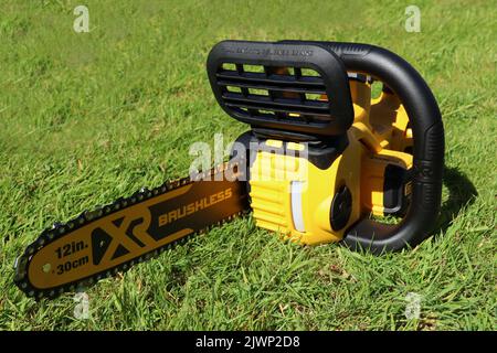 EXETER, DEVON, ANGLETERRE - JUIN 15th 2021 : tronçonneuse sans fil 18 V DeWalt sur la pelouse Banque D'Images