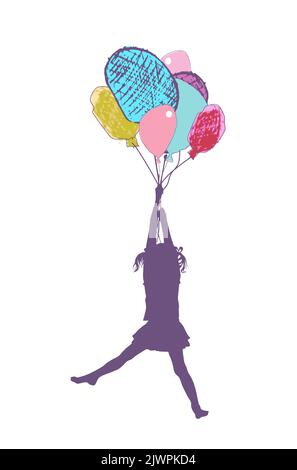 Silhouette d'une fille volant dans des ballons. Illustration vectorielle. Joyeux anniversaire. Illustration de Vecteur