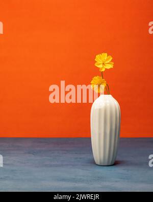 Une vie fixe minimaliste avec des fleurs sauvages jaunes dans un vase blanc à base bleue et fond orange. Banque D'Images