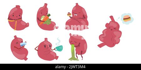 Triste cri malade et sain fort heureux souriant mignon caractère estomac Illustration de Vecteur