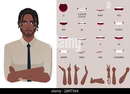 Classique Black Worker Homme personnage bouche animation synchronisation des lèvres et gestes de la main Premium Vector Illustration de Vecteur