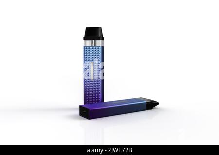 Violet et bleu métallique scène de Vape électronique Illustration isolée sur fond blanc. 3D Illustration de rendu Banque D'Images