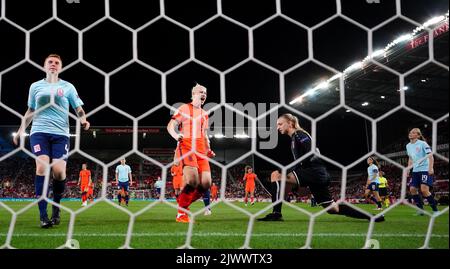 La fédération anglaise Bethany England célèbre le sixième but de son équipe lors de la qualification de la coupe du monde féminine de la FIFA 2023, le match du groupe D au stade Stoke City, Stoke-on-Trent. Date de la photo: Mardi 6 septembre 2022. Banque D'Images