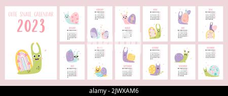 Calendrier annuel 2023 modèle avec de jolis escargots décoratifs sur fond blanc. Jeu vertical de 12 pages et couverture en anglais. Vecteur. Semaine du lundi Illustration de Vecteur