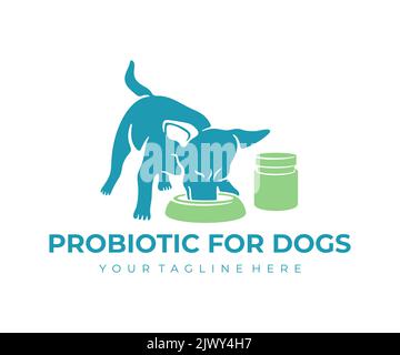 Chien mange dans un bol, animal et animal de compagnie, probiotique pour chiens, logo. Repas pour chiens, nourriture pour chiens, vétérinaire, soin derrière les animaux et magasin pour animaux de compagnie, conception de vecteur Illustration de Vecteur