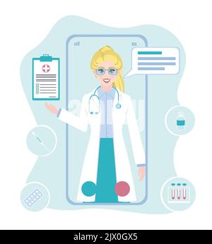 Consultation du patient avec le médecin via un smartphone. Assistance médicale en ligne. Médecin en ligne. Services de santé, demandez à un médecin. Urologue, thérapeute avec Illustration de Vecteur